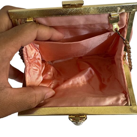 Vintage Unbranded Womens Pink 80s Silk Gold Hardware Rhinestone Shoulder Bag S - Picture 6 of 10